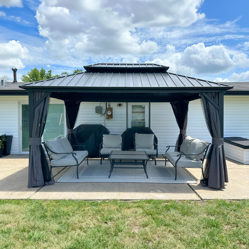 Pavillon de jardin permanent avec toit double en acier galvanisé pour terrasse, H 140 po x l 120 po x P 122 po