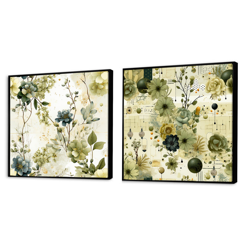 Plympton - Ensemble de 2 collages carrés botaniques abstraits, Cadre flottant noir, H 30 po x l 61 po