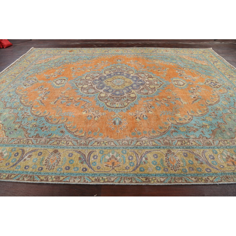 Tapis orange en laine noué à la main de conception unique 9 pi 9 po x 12 pi 8 po