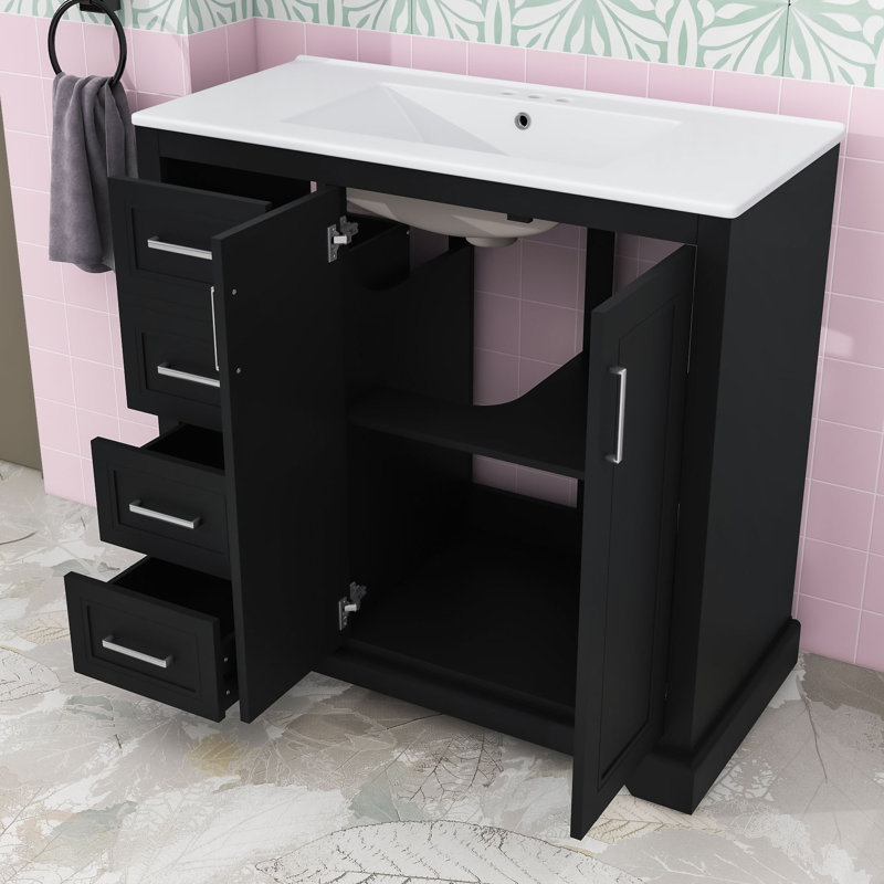 Meuble-lavabo simple autoportant moderne avec lavabo en céramique, portes à fermeture douce et rangement spacieux, Noir