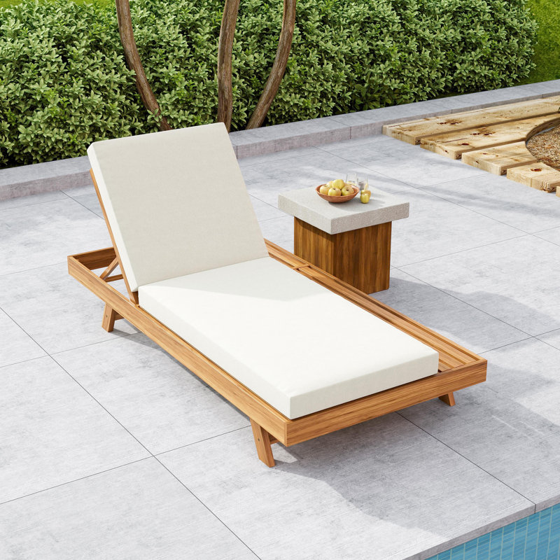 79" L Acacia Solid Wood Frame Patio Chaise Lounge, With Folding Cushion & Side Table Outdoor Recliner Lounge Chair For Poolside, Deck Or Backyard