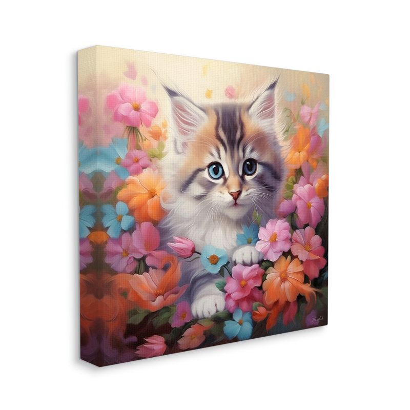 «Chaton dans un pré de fleurs sur toile» par Roozbeh, H 17 po x l 17 po x P 1,5 po