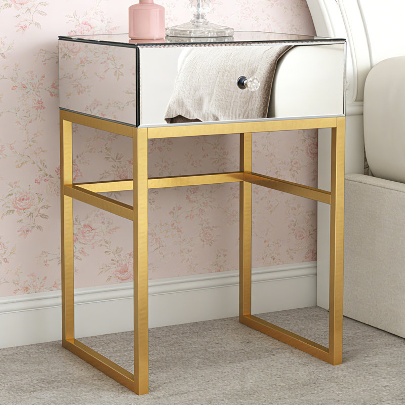 Mirrored Glass Bedside Table 1 Drawer Nightstand With Storage