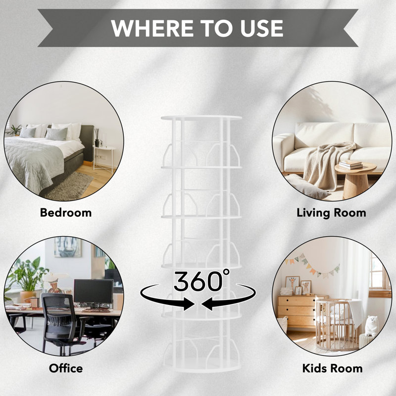 Rotating 360° Bookshelf Tower, Stackable Spinning Bookcase, Space‑Saving Revolving Round Shelf, Floor Standing Swivel Corner Organizer, White