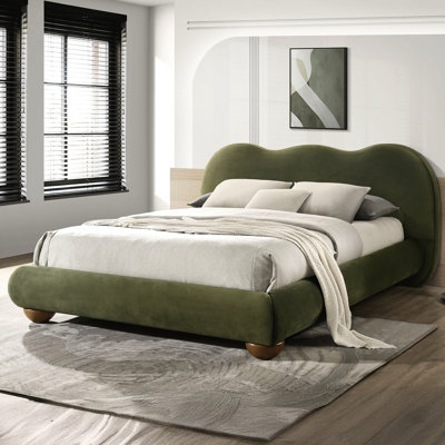 Olive Eastern King Bed, Contemporary Design, Boucle And Velvet Upholstery, Solid Rubberwood, Low - Profile Bed Frame Size In , Fabric Rubberwood Engineered Wood,