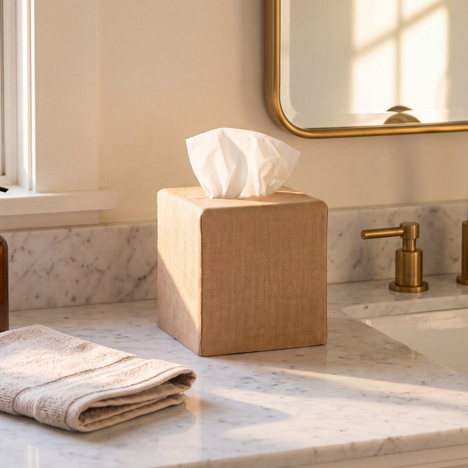 Stonewashed Linen Tissue Box Cover, Fawn