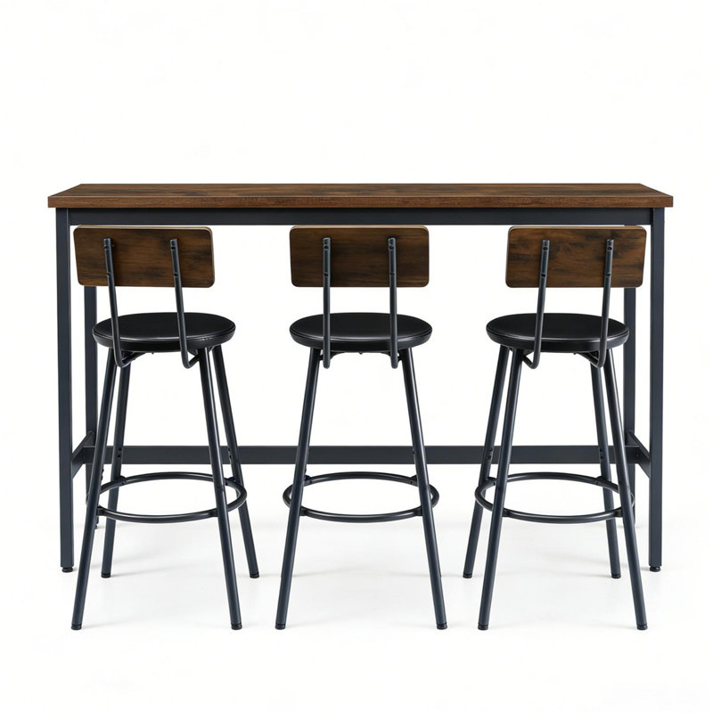 Ensemble de table de bar et de chaises pour 3, ensemble de table de salle à manger industriel 4 pièces avec 3 tabourets de bar rembourrés en polyuréthane, ensemble de table de bar pour la cuisine, la salle à manger, le salon, le bar, le café, le coin petit espace, brun rustique