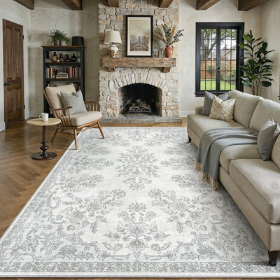 Tapis damas lavable à la machine avec envers antidérapant gris Elyra