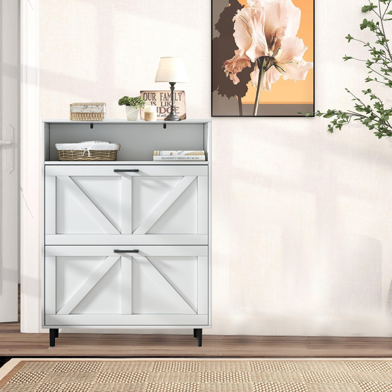 Gracie Oaks Freestanding Narrow Shoe Rack Cabinet With Open Storage And Two Flip Drawers