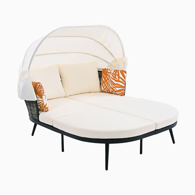 Patio Daybed with Canopy, Outdoor Rattan Pe Wicker Back Loveseat Sofa Set with Pillows and Cushions -  Arlmont & Co., C9C87A1E83ED4CD1B0644CC131B083A5