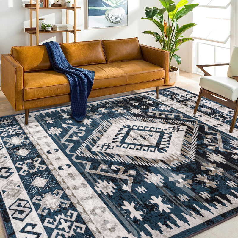 Vintage 8x10 Area Rug - Machine Washable Non-slip For Bedroom, Kitchen Geometric Black/blue Style Living Spaces Blue/black Carpet