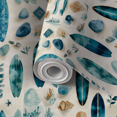 Papier peint adhésif peler et coller en PVC, revêtement mural auto-adhésif amovible avec imprimé décoratif d'inspiration océanique de style bohémien côtier, imperméable pour la décoration intérieure - rouleau