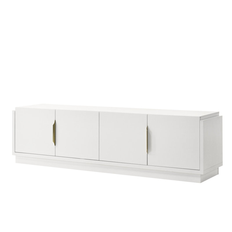 4-Door White Tv Stand With Adjustable Shelf And Cable Management System In White, 70"W, Shelf, Smooth Cabinet Texture