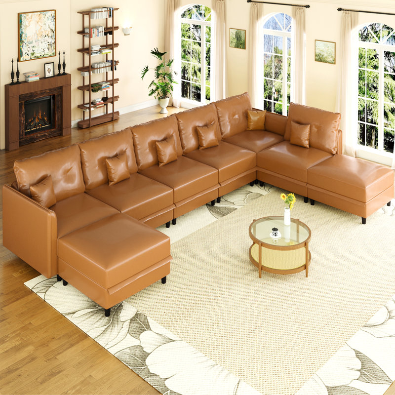 Tomario Upholstered L-Shaped Sectional Reversible, Brown Faux Leather