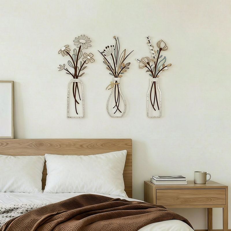  Ensemble de 3 fleurs murales en métal, décoration murale minimaliste bohème, Blanc / Doré