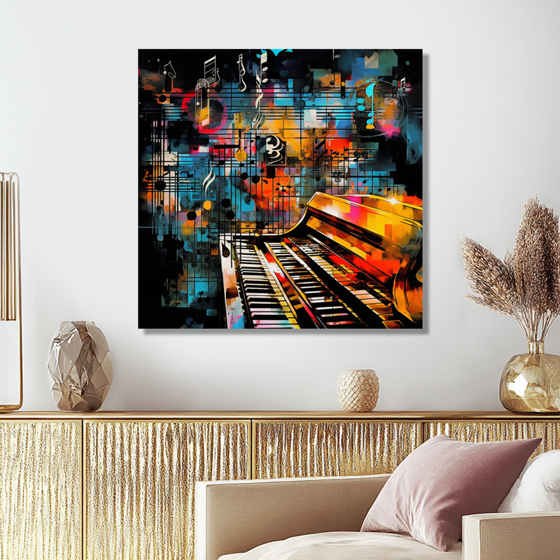 «Colorful Piano Retro Collages 90S I», art mural piano, Toile tendue, H 16 po x l 16 po x P 1 po