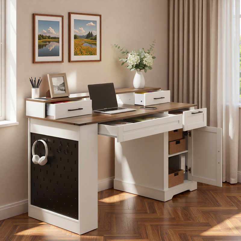 Farmhouse Office Desk With Storage Cabinet, Charging Station, Barn Door Design, Keyboard Tray, Monitor Stand And Pegboard