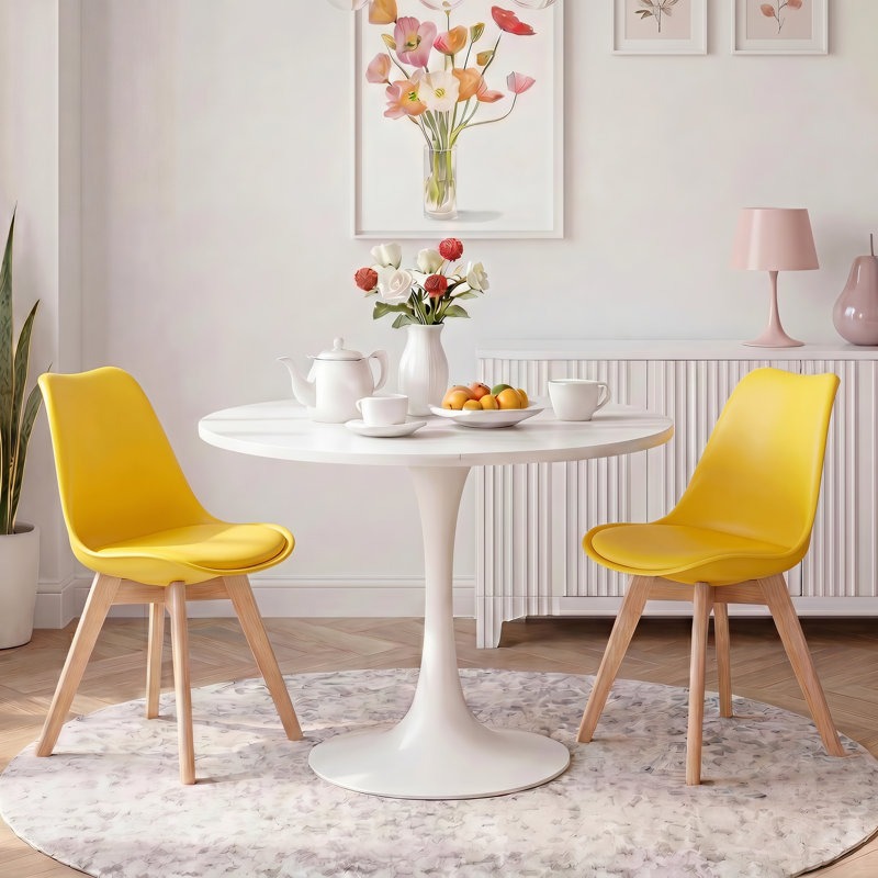 Chaise de salle à manger rembourrée avec coque en plastique PP moulé de 19 pouces et pieds en bois massif, Jaune