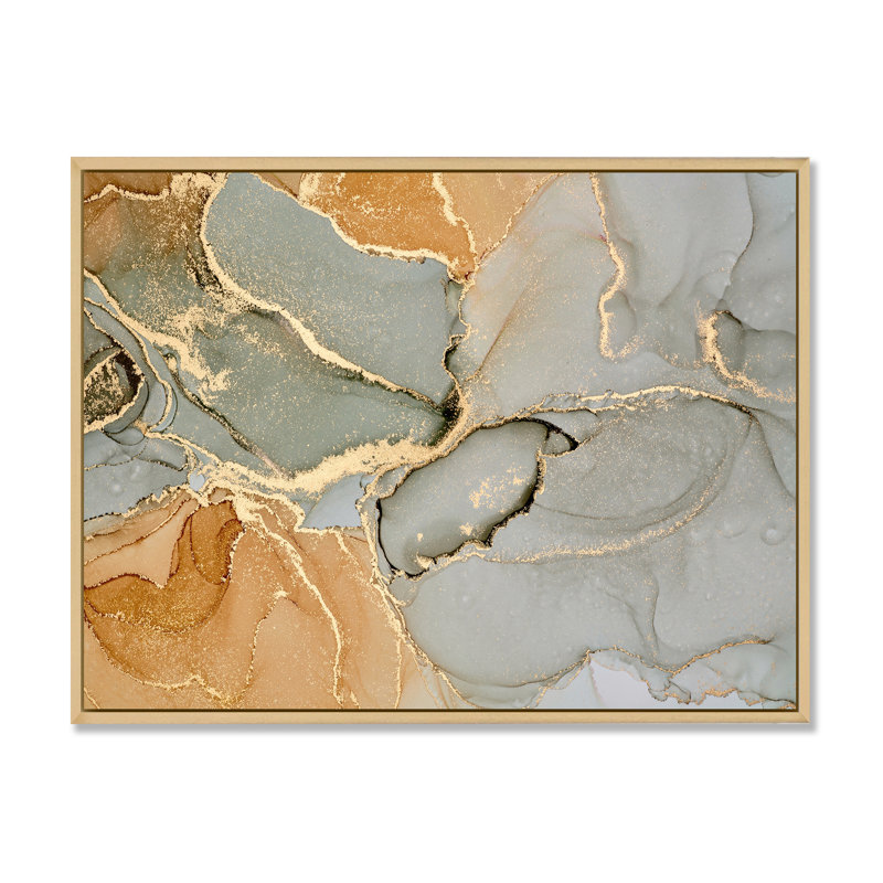 «Brown Luxury Abstract Fluid Art VI», peinture sur toile, H 34 po x l 44 po x P 1,5 po, Cadre flottant érable