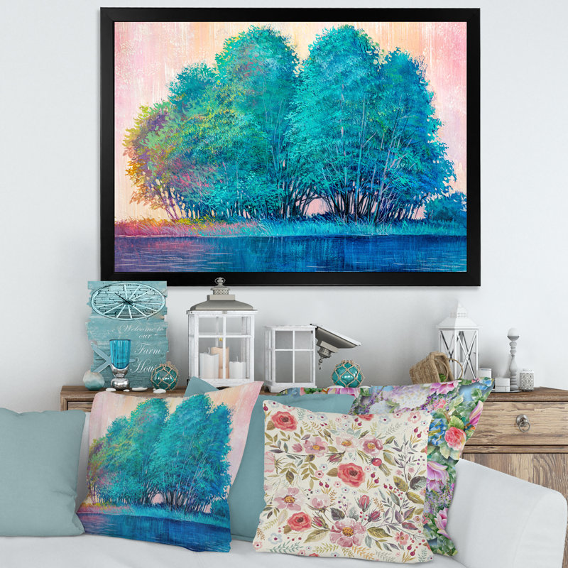 «Blue Colored Tree Impression II», peinture sur toile, Cadre noir, H 12 po x l 20 po x p 1 po