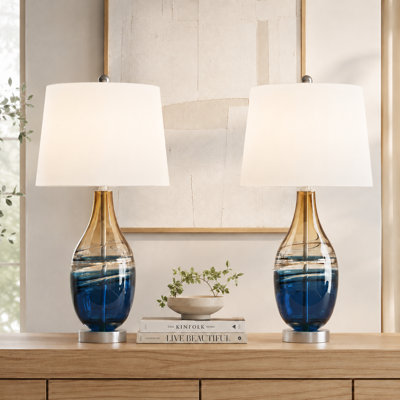  Melun 28" Modern Coastal Blue and Amber Glass Table Lamp with 3-Way Dimmable Lighting and USB Port