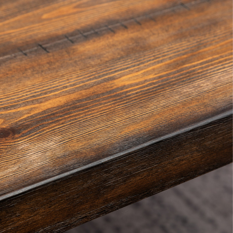 Rustic Dark Pine Dining Table With Robust Metal Base Hairpin Design