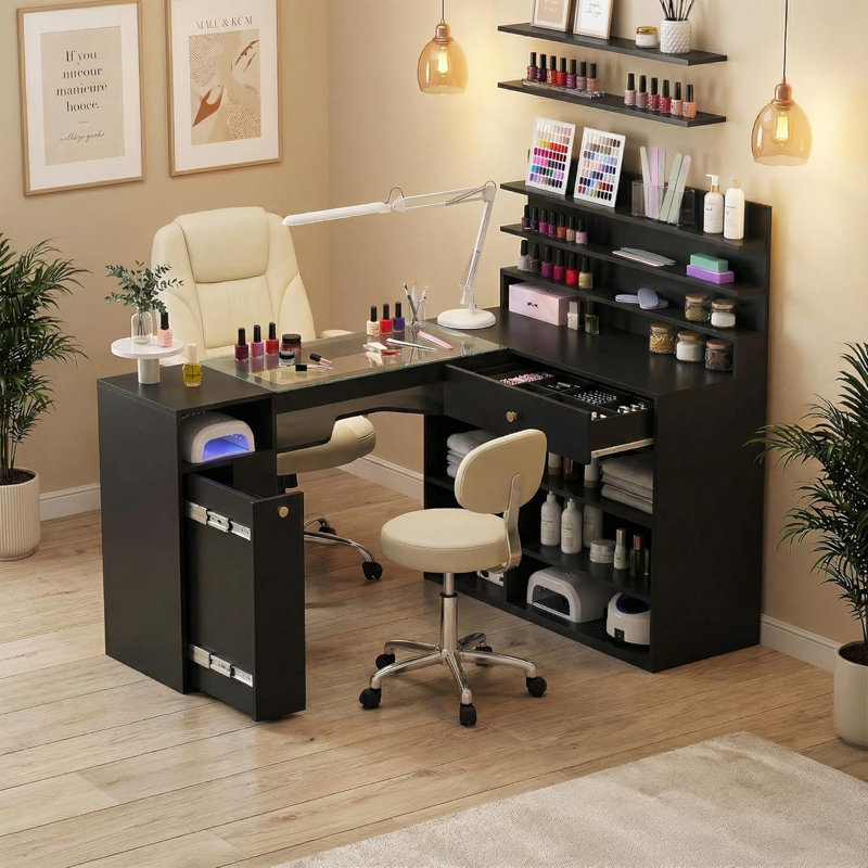 Nail Bureau pour table de manucure en forme de L 60 po Nail Tech avec plateau en verre, Noir