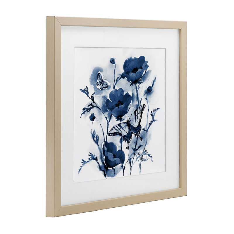 «Indigo Poppies & Butterflies», reproduction encadrée sous verre, conception de Paul Brent, Cadre de récolte en pin