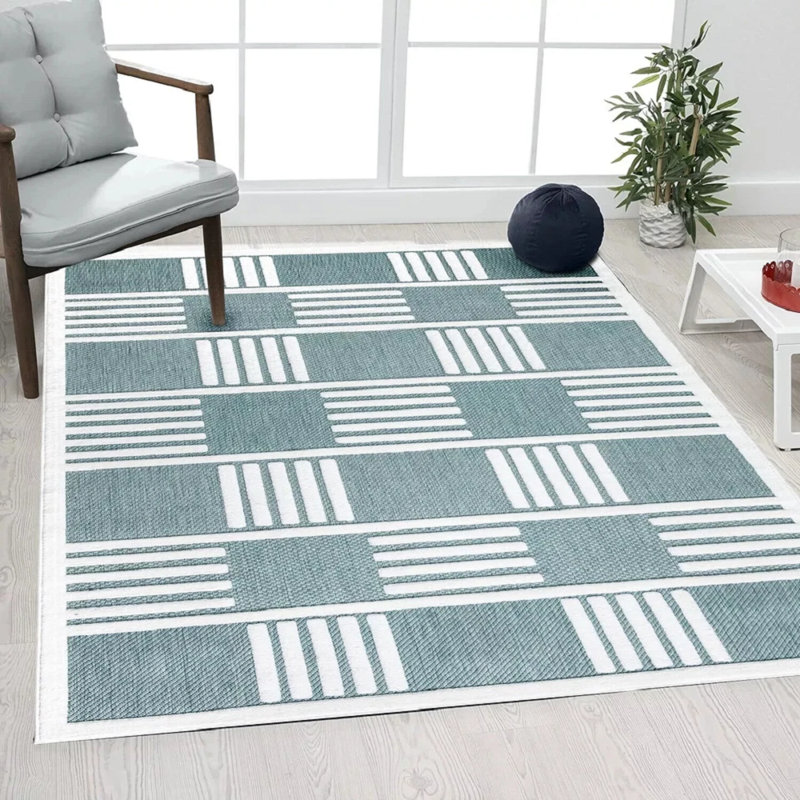 Chevron Machine Tufted Indoor / Outdoor Area Rug, Rectangle 60 x 110 cm, Cream/Emerald