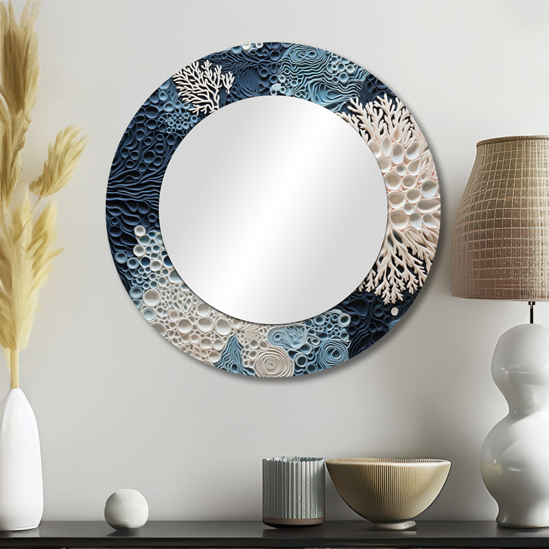 Under Water Blue And White Corals Collage - Coastal Round Mirror Wall Decor_MTMIR108660, 23" x 23"