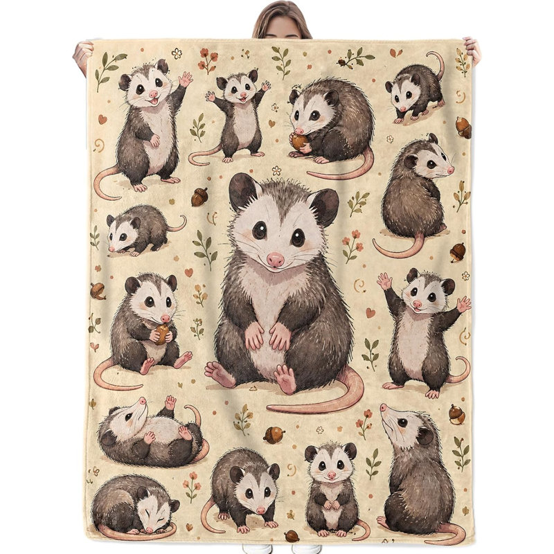 Couverture en flanelle à motif floral mignon et animal, motif opossum, 101,6 x 127 cm, L 9,84 po x l 11,84 po