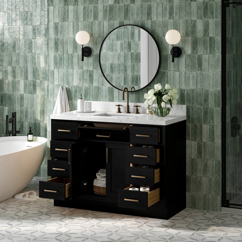 Tidworth 48'' Solid Wood Single Bathroom Vanity with 1.5'' Carrara Quartz Top Sink, Rectangular, Black Oak/Satin Brass