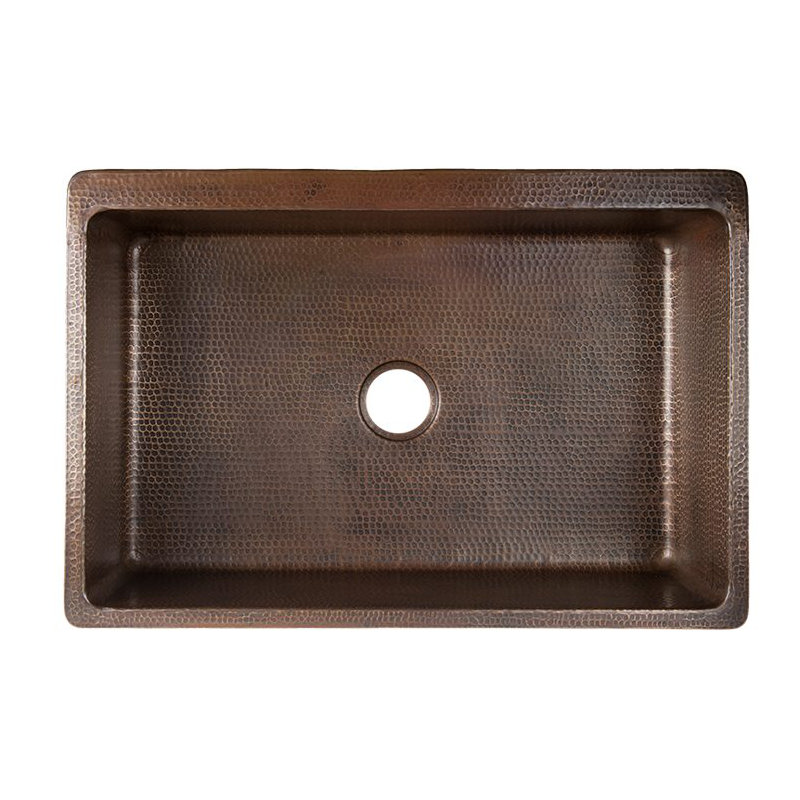 33" Hammered Copper Kitchen Apron Single Basin Sink w/ Vineyard Design and Apron Front Nickel Background with Matching Drain and Accessories