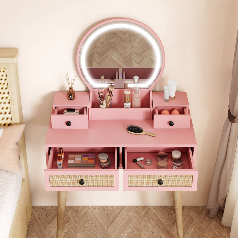Coiffeuse en rotin naturel Iesa Boho avec miroir DEL et tabouret, Rose