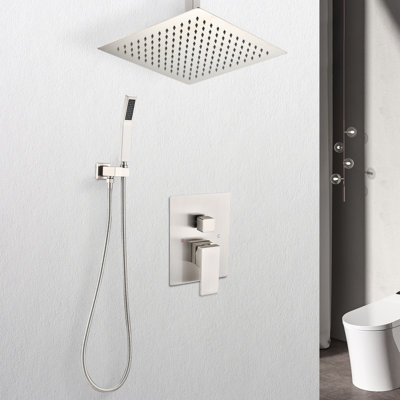 Ceiling Mounted Shower With 16" Head & Handheld - Brushed Nickel, Brass Made System
