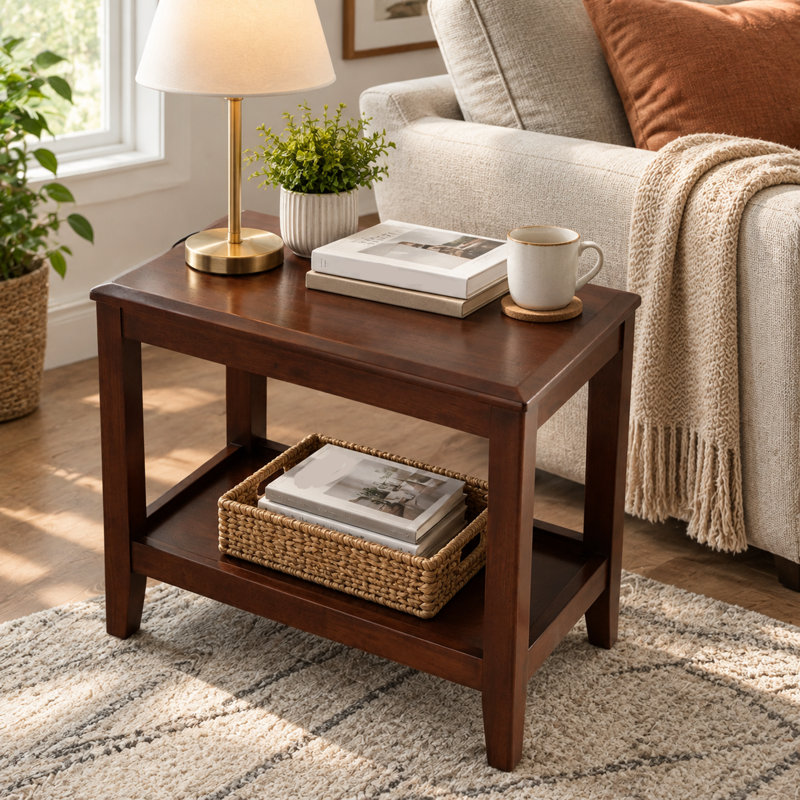 Table d'appoint en bois massif avec tablette de rangement, petite table d'appoint rectangulaire à 2 niveaux pour salon, chambre
