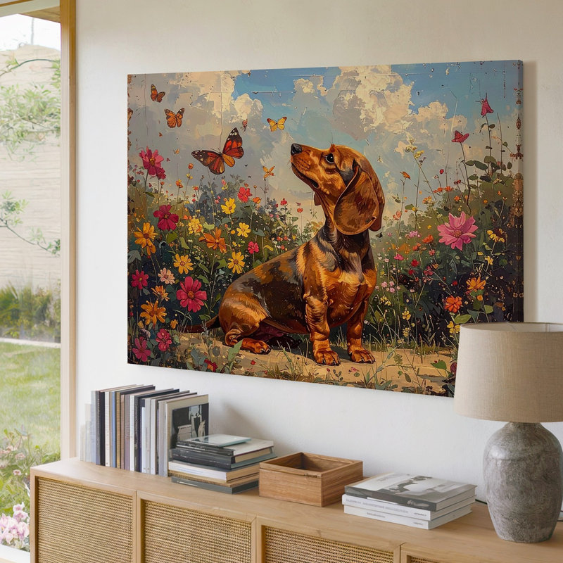 Toile rétro, art mural chiot et papillon, H 11 po x l 14 po