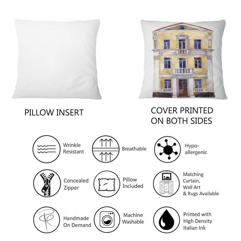 Coussin décoratif imprimé jaune bohémien et éclectique Yellow Old Europe House