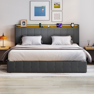 King Size Lift Up Storage Bed with LED Lights, Upholstered Velvet Bed Framewith Storage Headboard & Charging Station, Metal Platform Bed, No Box Spring Needed, Solid Wooden Slats, Grey