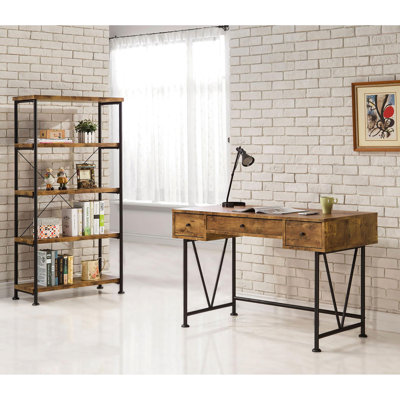 Brown 3 Desk With Antique Nutmeg Finish, For Office Productivity And Style Industrial Design Black Home Office, 3 Drawers