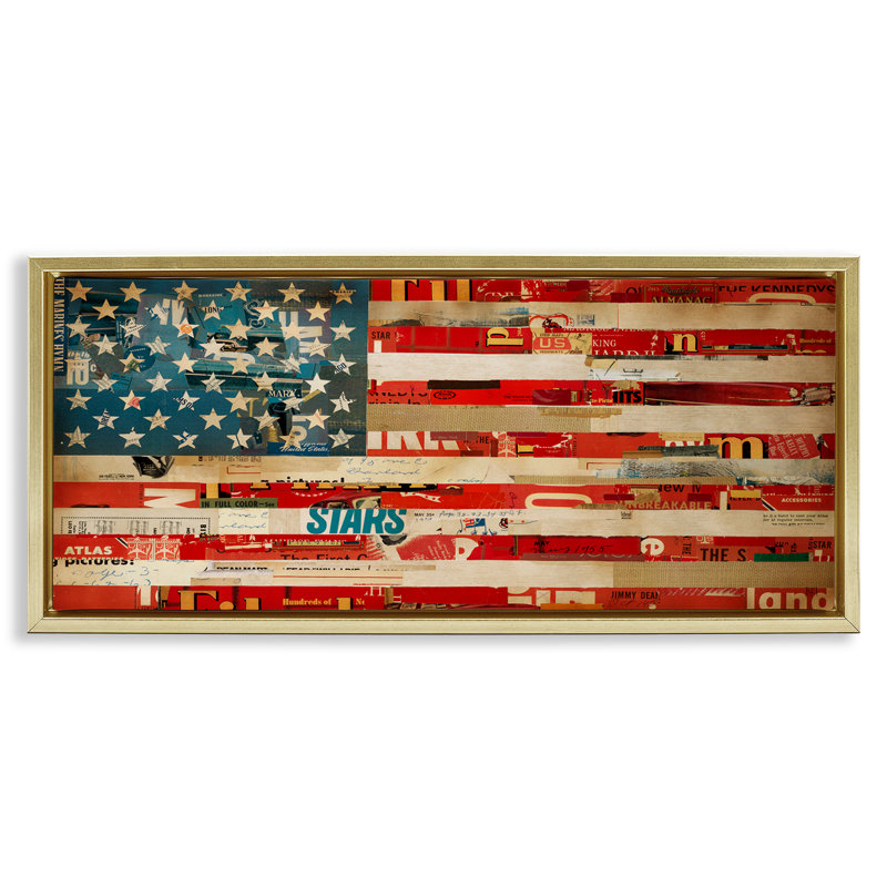 «Patriotic Collage Flag», art mural encadré flottant doré par Kelsey Hochstatter, H 14 po x l 31 po