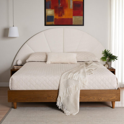 Brina Queen Size Bed in Cream Boucle and Walnut Brown Wood by George Oliver