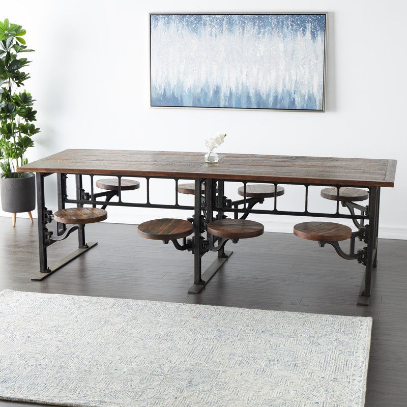 Brown Teak Wood Kitchen Dining Table with Eight Attached Seats, 100" x 42" x 31", 31" H x 42" W x 100" L, Dark Brown, Black