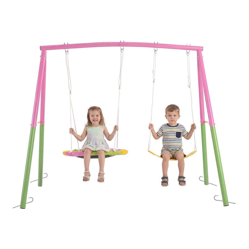 Portique en acier robuste avec soucoupe et balançoires à ceinture, rose, capacité de 330 lb