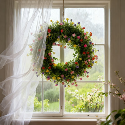 1pc Rustic Multicolor Artificial Spring Baby's Breath Wreath - 45cm/17.73in Large Indoor/Outdoor Door Decoration, Suitable for Farmhouses, Front Doors, Windows, Walls, Fireplaces - Year-Round Colorful Home Decor & Gift Idea