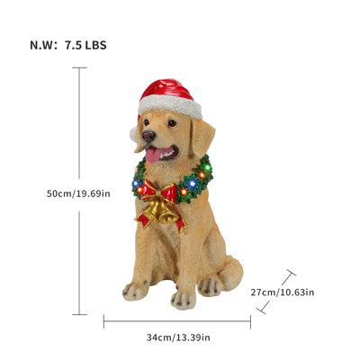 19.69" Golden Retriever Christmas Dog Statue with LED Lights and Santa Hat, Resin Holiday Decor
