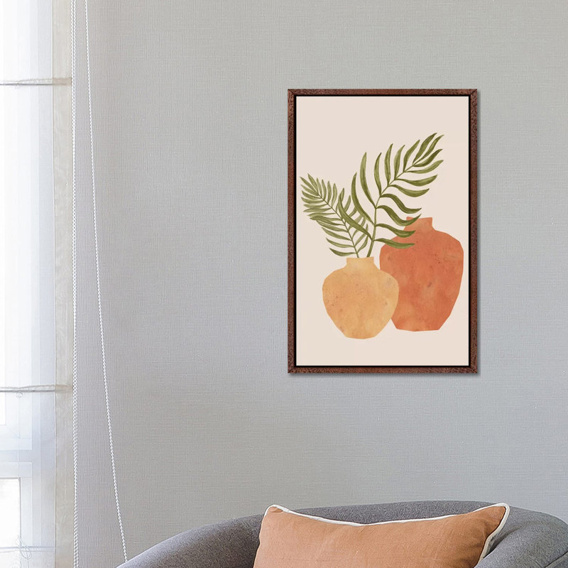 Terracotta Vases And Palm Leaves by Whales Way - Painting on Canvas, Classic Brown Wood Framed