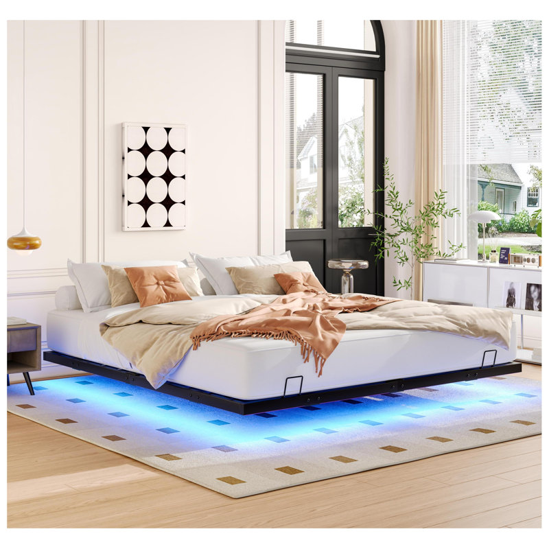 Très grand cadre de lit flottant avec lumières DEL contrôlées par l'application, base de plateforme en métal robuste, aucun sommier nécessaire