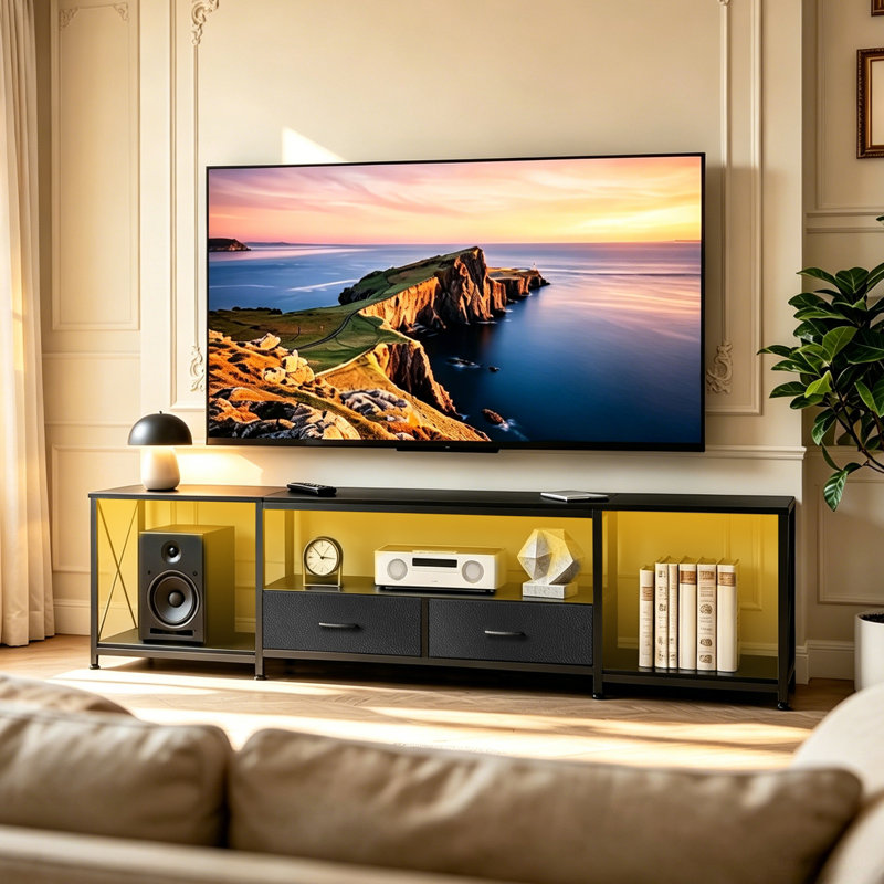 Meuble télé avec tiroirs en tissu pour téléviseur de 78 po ou moins, noir, 21.6"H x 70.8"L x 15.7"W, Noir