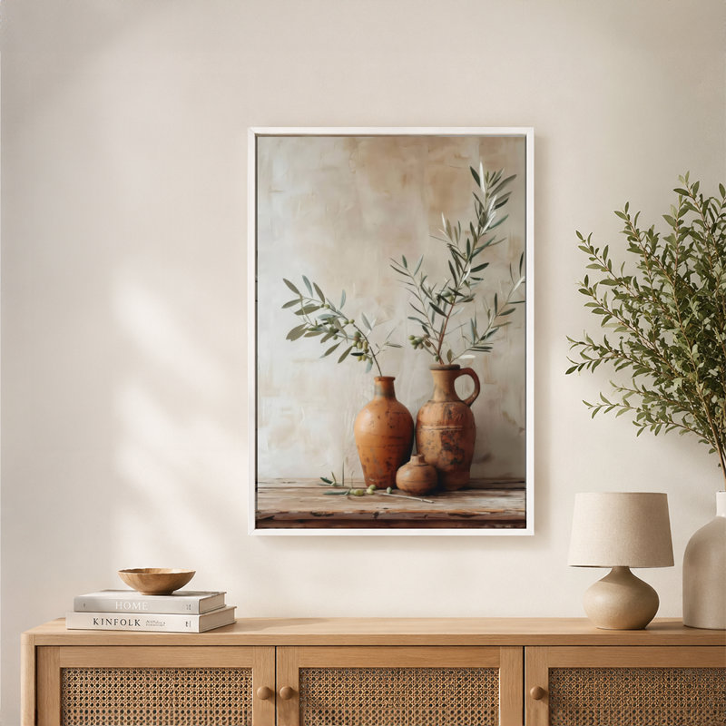 Olive, branches, vases rustiques, nature morte, art mural sur toile avec cadre flottant, prêt à être accroché, 12x18in, Beige